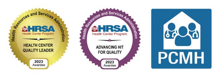 HRSA Health Center Quality Leader recognition badge, HRSA Advancing HIT for Quality recognition badge, and Patient Centered Medical Home recognition badge. 